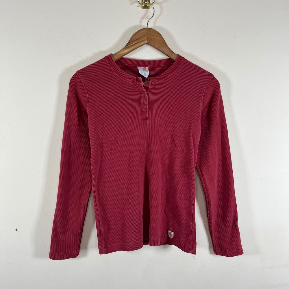 Vintage Carhartt Ribbed Long Sleeve Henley Shirt Red Cotton Workwear Gorpcore